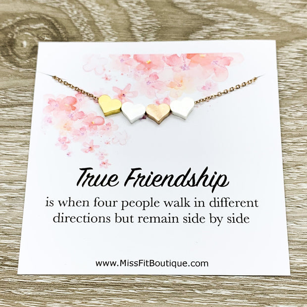 True Friendship Quote Necklace, 4 Hearts Pendant Necklace, BFF Necklace, Gift for Best Friend, Personalized Message Card, Birthday