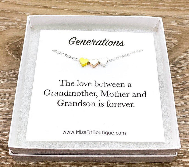 3 Hearts Necklace with Card, Three Generations Necklace, Gift from Grandson, Grandma Necklace, Birthday Gift, Gift from Daughter
