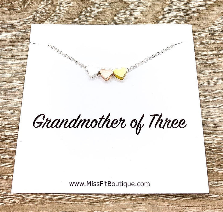 Grandmother of 3, Tiny Three Hearts Necklace with Card, Gift from Daughters, Grandma Necklace, Birthday Gift, Gift from Grandkids
