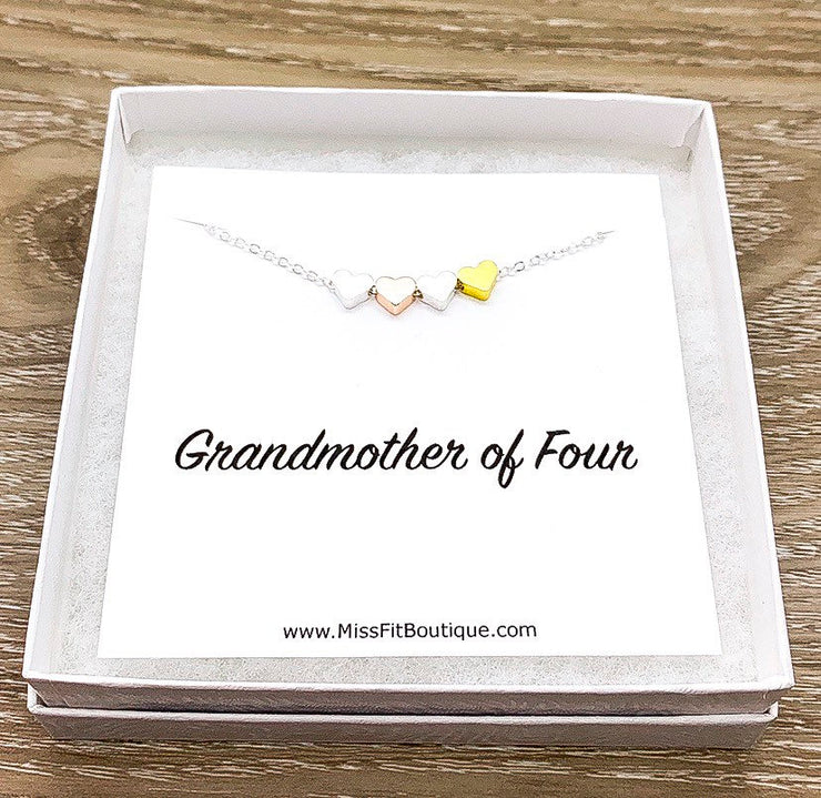 Grandmother of 4, Tiny Four Hearts Necklace with Card, Gift from Granddaughters, Birthday Gift, Gift from Grandkids, Gift from Grandchildren