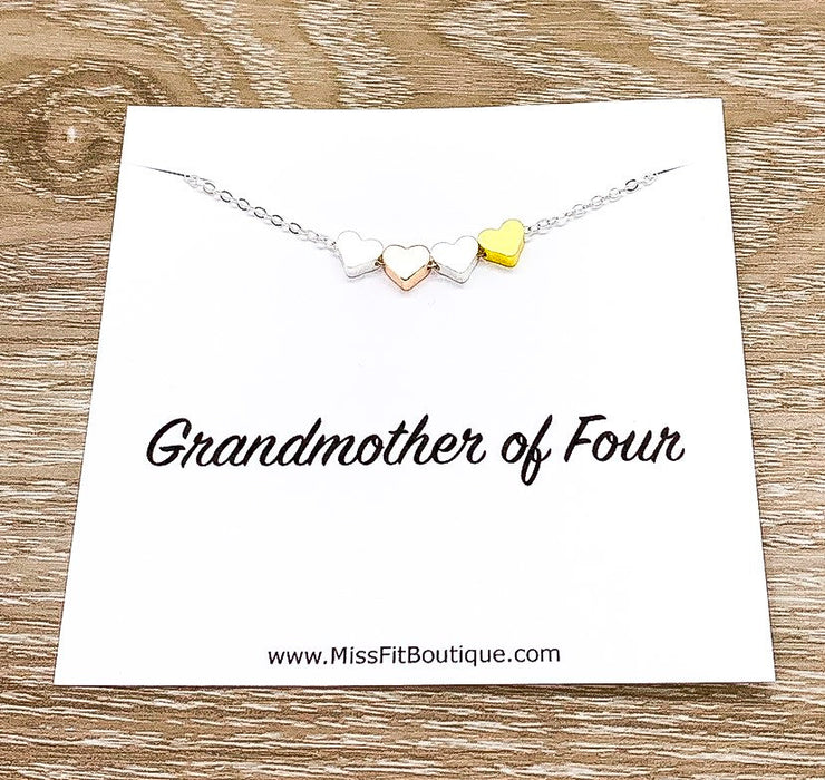 Grandmother of 4, Tiny Four Hearts Necklace with Card, Gift from Granddaughters, Birthday Gift, Gift from Grandkids, Gift from Grandchildren