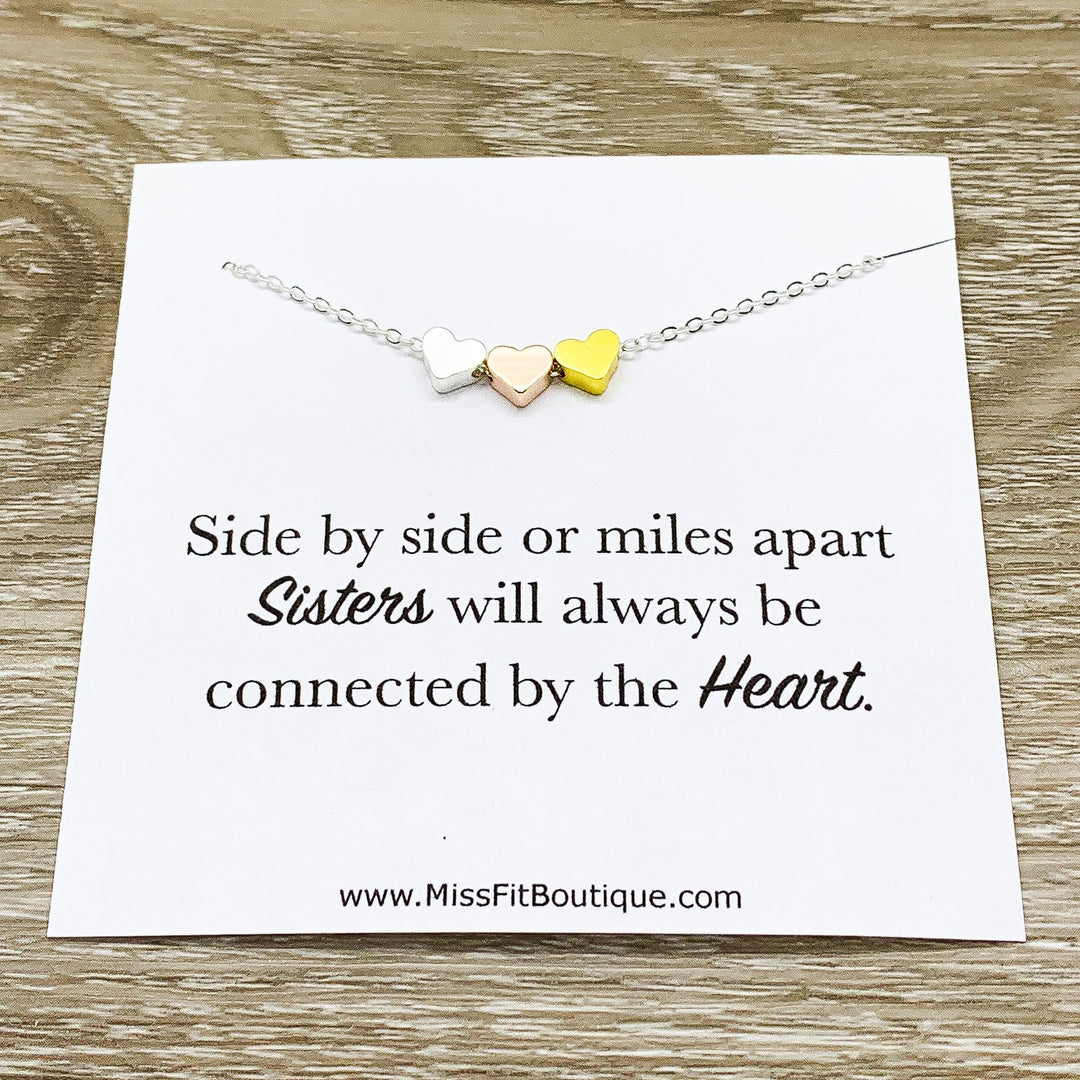 Side By Side or Miles Apart Sisters Gift, 3 Heart Necklace, Connected by the Heart, Gift from Sister, Sorority Jewelry, Dainty Heart Pendant