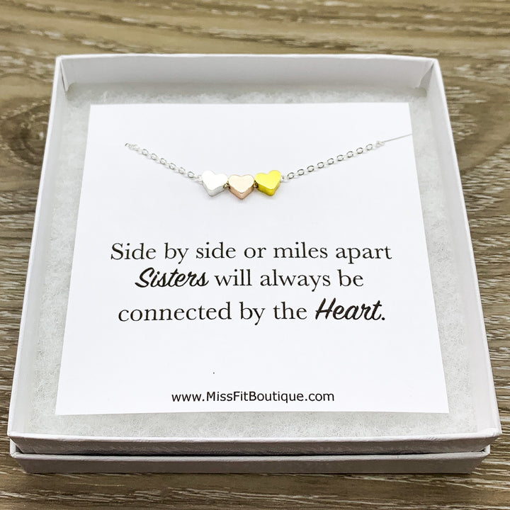 Side By Side or Miles Apart Sisters Gift, 3 Heart Necklace, Connected by the Heart, Gift from Sister, Sorority Jewelry, Dainty Heart Pendant