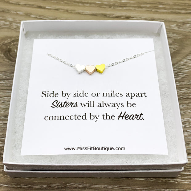 Side By Side or Miles Apart Sisters Gift, 3 Heart Necklace, Connected by the Heart, Gift from Sister, Sorority Jewelry, Dainty Heart Pendant