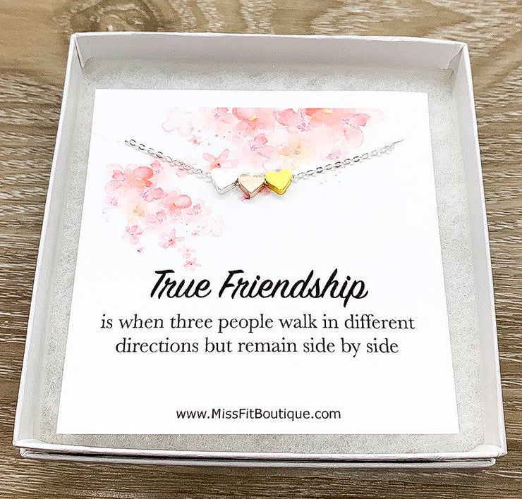 True Friendship Quote Necklace, 3 Hearts Pendant Necklace, BFF Necklace, Gift for Best Friend, Personalized Message Card, Birthday