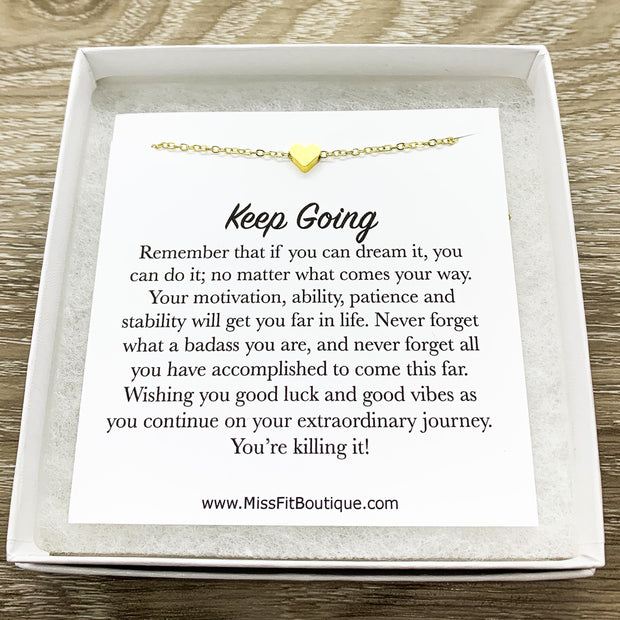 Keep Going Card, Tiny Heart Pendant Necklace, Motivational Quote, Encouragement Gift, Gift for Friend, Simple Reminders Jewelry