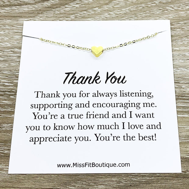 Thank You Friendship Card, Tiny Heart Pendant Necklace, Thankful Quote, Grateful Gift, Friend Gift, Simple Reminder Jewelry, Thinking of You