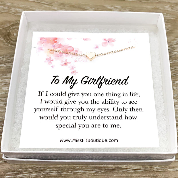 Girlfriend Necklace, Gift from Boyfriend, Tiny Heart Necklace, Romantic Quote, Anniversary Gift for Her, True Love Gift