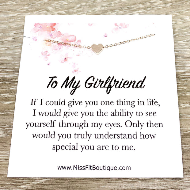 Girlfriend Necklace, Gift from Boyfriend, Tiny Heart Necklace, Romantic Quote, Anniversary Gift for Her, True Love Gift