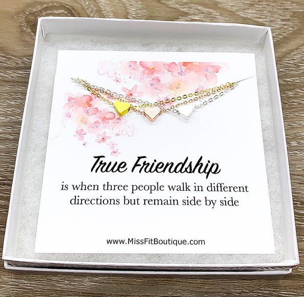 True Friendship Quote, Tiny Heart Pendant Necklace Set for 3, Matching Necklaces, Best Friend Gift, Gift for Friend, Simple Reminders