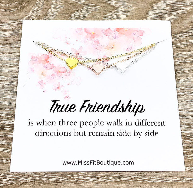 True Friendship Quote, Tiny Heart Pendant Necklace Set for 3, Matching Necklaces, Best Friend Gift, Gift for Friend, Simple Reminders