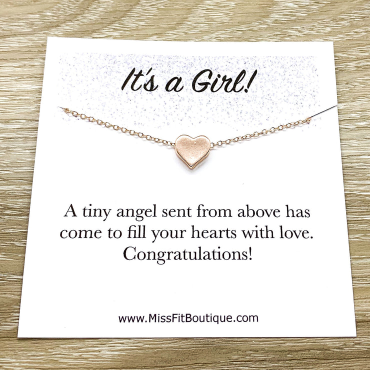 It’s a Girl Card, Gift for New Mom, Heart Pendant Necklace, Mother Jewelry, Motherhood, Baby Shower Gift, New Mommy Gift from Friend