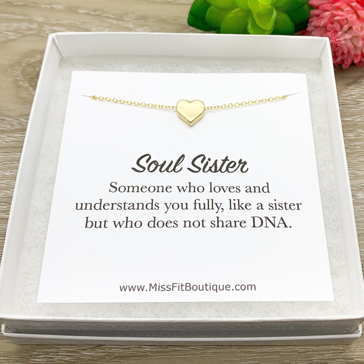 Gold Heart Pendant Necklace, Soul Sister Quote Card, Sisters Jewelry, Sisterhood, Unbiological Sister Gift, Birthday Gift for Her
