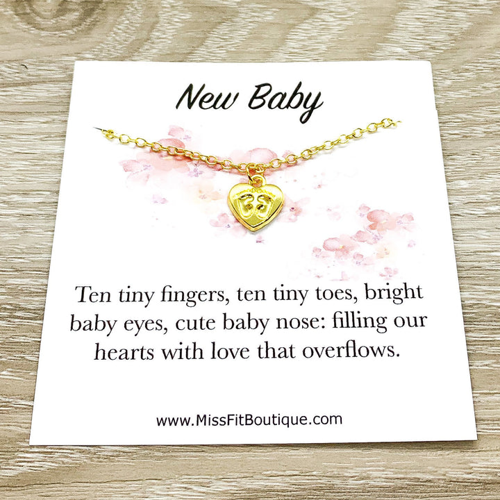 Card for Mom To Be, Tiny Heart Necklace with Footprints, New Baby, Expectant Mother Gift, Motherhood Keepsake, Gift for New Mommy