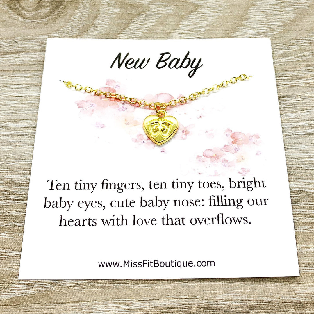 Card for Mom To Be, Tiny Heart Necklace with Footprints, New Baby, Expectant Mother Gift, Motherhood Keepsake, Gift for New Mommy