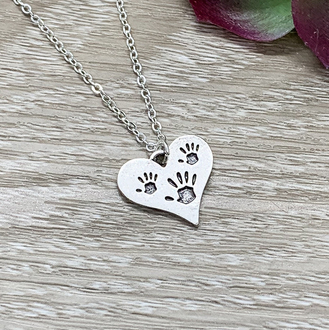 Mother of Two Gift, Tiny Handprints Necklace, Silver Heart Pendant, Gift from Kids to Mom, Mommy Birthday Gift, Sentimental Necklace