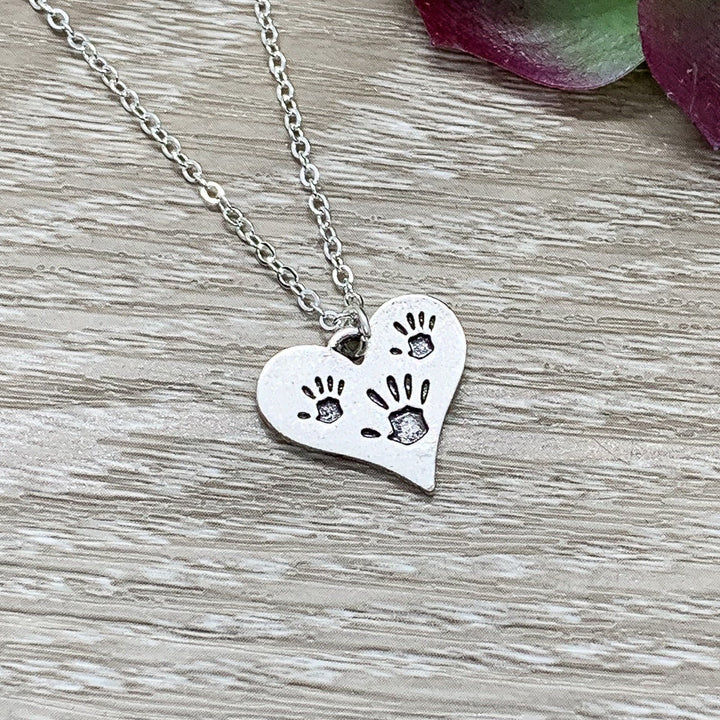 Mother of Two Gift, Tiny Handprints Necklace, Silver Heart Pendant, Gift from Kids to Mom, Mommy Birthday Gift, Sentimental Necklace