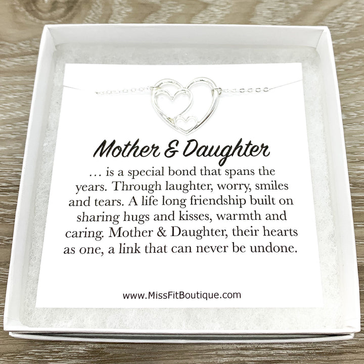 Mother Daughter Necklace with Box, Silver Hearts Necklace, Motherhood Gift, Mom Daughter Bonding, Gift for Daughter, Gift for Mom