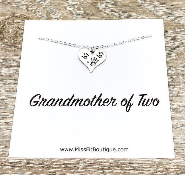 Grandmother of Two Gift, Tiny Handprints Necklace, Silver Heart Pendant, Gift from Grandkids, Grandma Birthday Gift, Sentimental Necklace