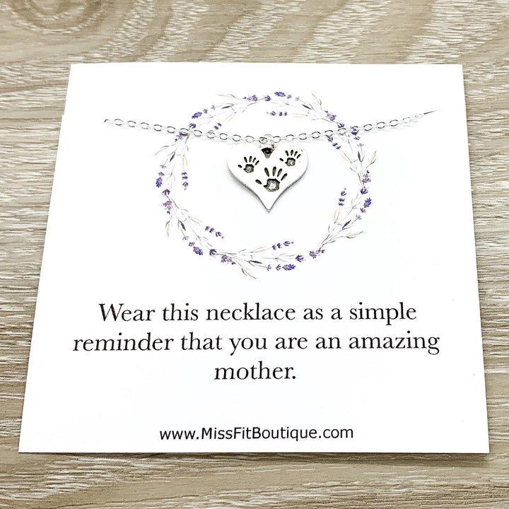 Amazing Mother Gift, Tiny Handprints Necklace, Silver Heart Pendant, Gift from Kids to Mom, Mommy Birthday Gift, Sentimental Necklace
