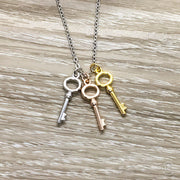 Friendship is Key Card, 3 Keys Necklace, Dainty Key Pendant, Gift for Friend, Friendship Birthday Gift, Minimal Jewelry, Mini Key Charm