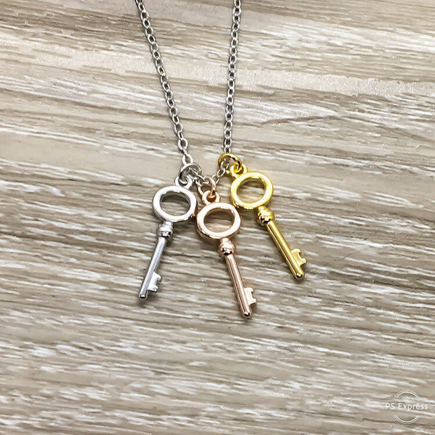 Friendship is Key Card, 3 Keys Necklace, Dainty Key Pendant, Gift for Friend, Friendship Birthday Gift, Minimal Jewelry, Mini Key Charm