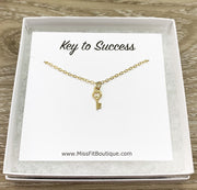 Key to Success Card, Tiny Silver Key Necklace, Gift for Student, Friendship Necklace, Key Shaped Pendant, Skeleton Key Charm, Student Gift
