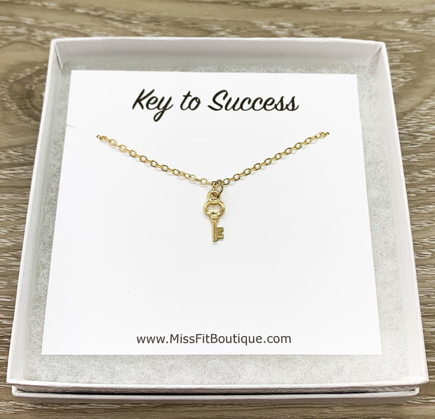 Key to Success Card, Tiny Silver Key Necklace, Gift for Student, Friendship Necklace, Key Shaped Pendant, Skeleton Key Charm, Student Gift