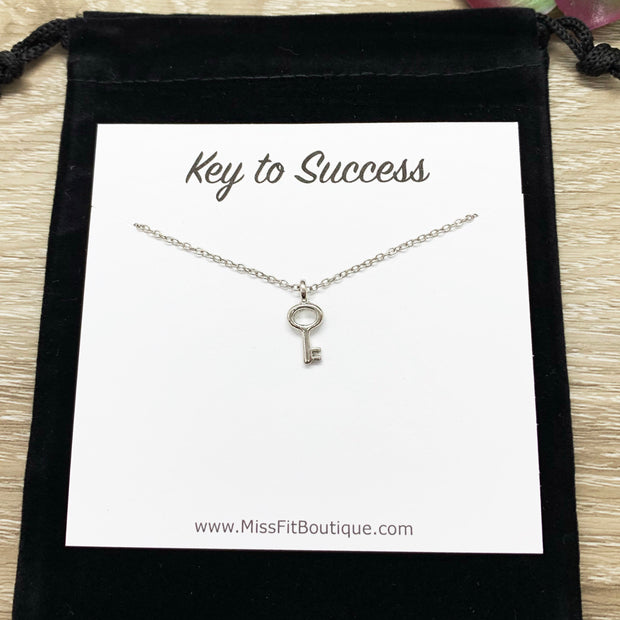 Key to Success Card, Tiny Silver Key Necklace, Gift for Student, Friendship Necklace, Key Shaped Pendant, Skeleton Key Charm, Student Gift