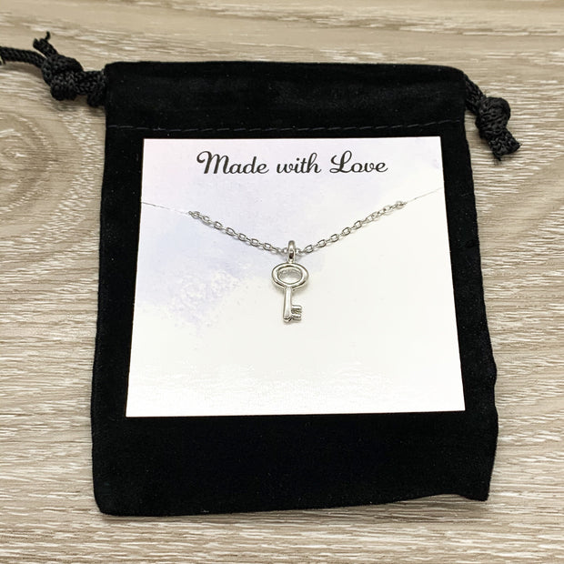 Key to Success Card, Tiny Silver Key Necklace, Gift for Student, Friendship Necklace, Key Shaped Pendant, Skeleton Key Charm, Student Gift