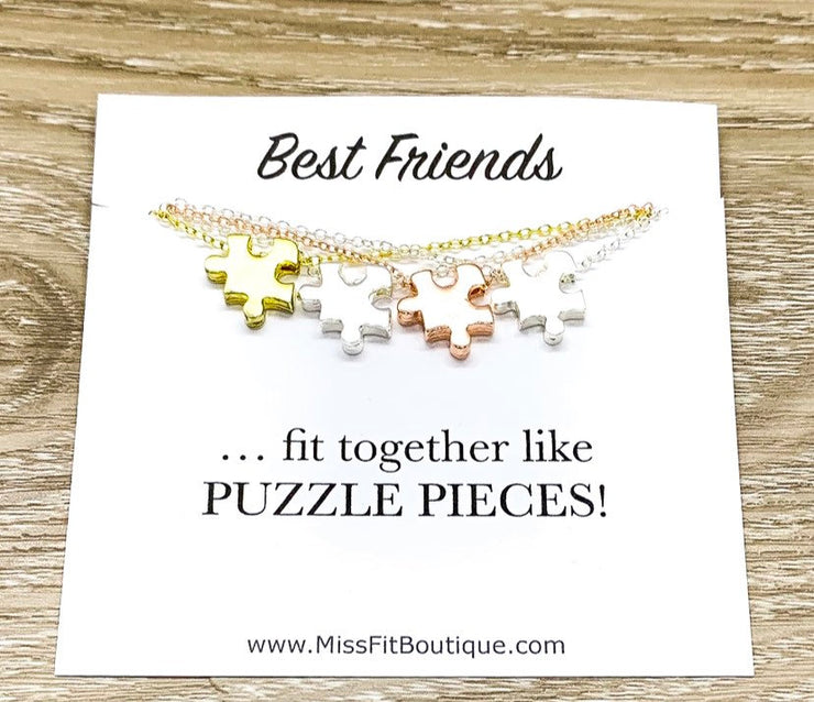 Best Friends Necklace Set for 4, Matching Puzzle Necklaces, Puzzle Jewelry Rose Gold, Friendship Quote Card, Friends Gift, Shareable Jewelry