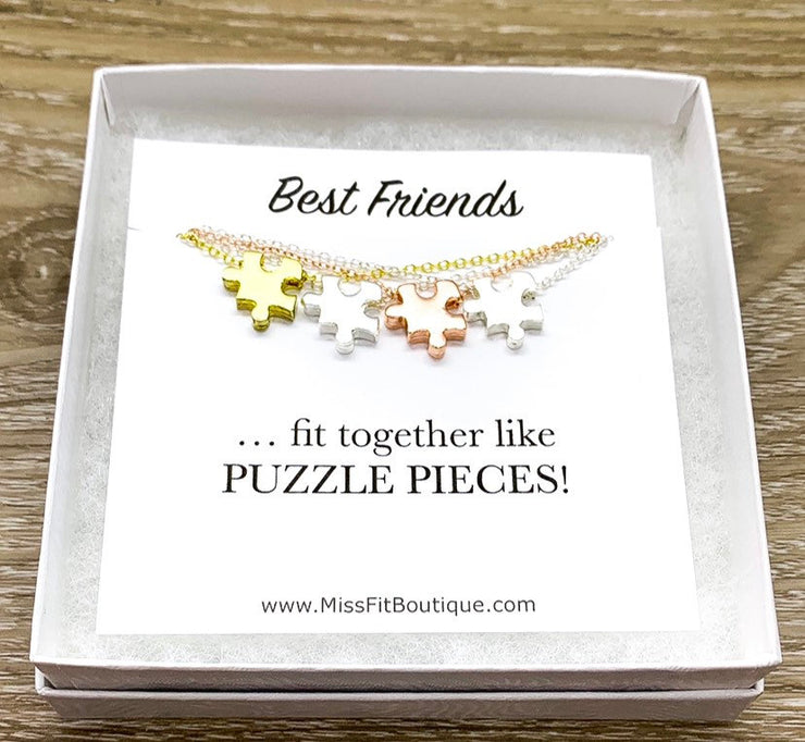 Best Friends Necklace Set for 4, Matching Puzzle Necklaces, Puzzle Jewelry Rose Gold, Friendship Quote Card, Friends Gift, Shareable Jewelry
