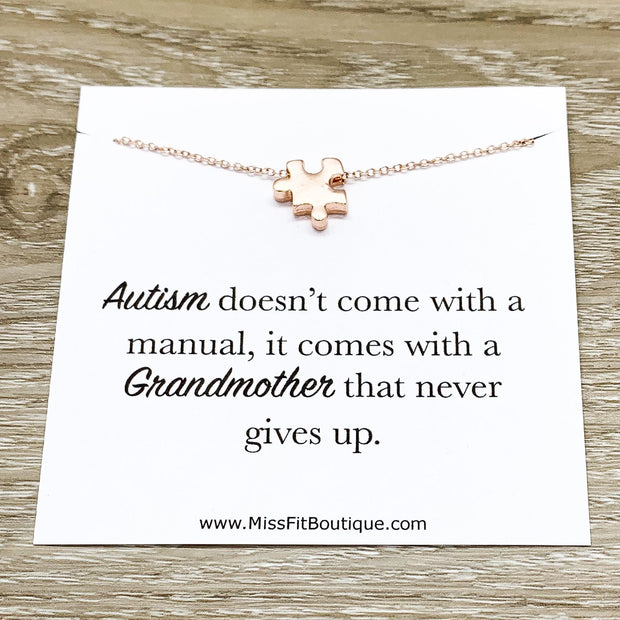 Grandma Necklace, Autism Grandmother Gift, Rose Gold Puzzle Necklace, Silver Puzzle Jewelry, Autism Awareness Necklace, Jigsaw Puzzle Gift