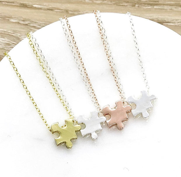 Matching Puzzle Necklace Set for 4, Puzzle Piece Necklaces, Puzzle Jewelry Rose Gold, Best Friends Gift, Shareable Jewelry, Autism Awareness