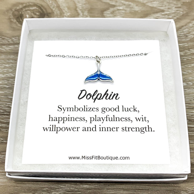 Blue Dolphin Tail Necklace, Dolphin Jewelry Gift, Good Luck Necklace, Beach Necklace, Minimalist Gift, Ocean Gift, Friendship Necklace