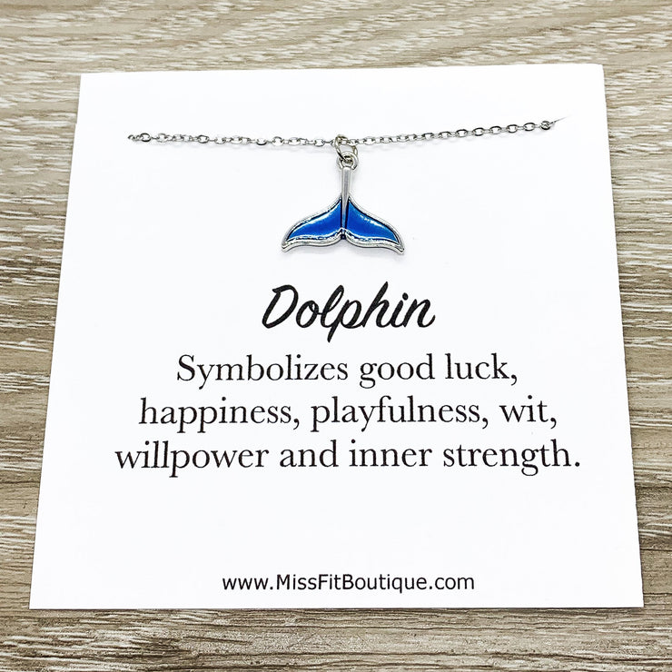 Blue Dolphin Tail Necklace, Dolphin Jewelry Gift, Good Luck Necklace, Beach Necklace, Minimalist Gift, Ocean Gift, Friendship Necklace