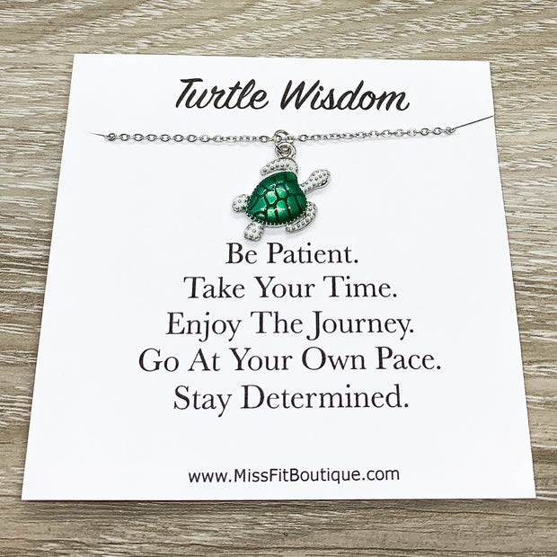 Turtle Wisdom Quote, Turtle Jewelry Gift, Green Turtle Charm Necklace, Beach Necklace, Minimalist Gift, Ocean Gift, Aquatic Animal Necklace