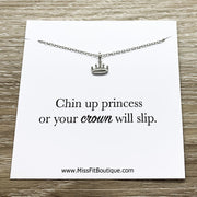Tiny Crown Necklace, Chin Up Princess Pendant, Encouragement Card, Uplifting Jewelry Gift, Cheer Up Gift, Dainty Necklace, Strength