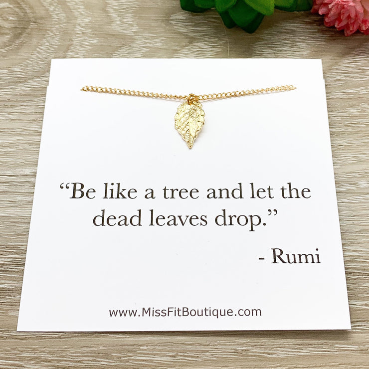 Be Like a Tree Quote, Gold Leaf Necklace with Gift Box, Rumi Quote, Inspirational Card, Nature Lover Gift, Fall Jewelry, Autumn