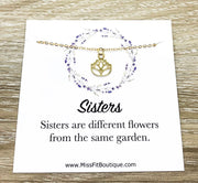 Gold Lotus Flower Necklace, Sisters Quote Card, Dainty Flower Necklace, Lotus Pendant, Yoga Jewelry, Inspirational Gift