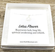 Silver Lotus Flower Necklace, Lucky Charm Quote Card, Dainty Flower Necklace, Lotus Pendant, Yoga Jewelry, Inspirational, Thinking of You