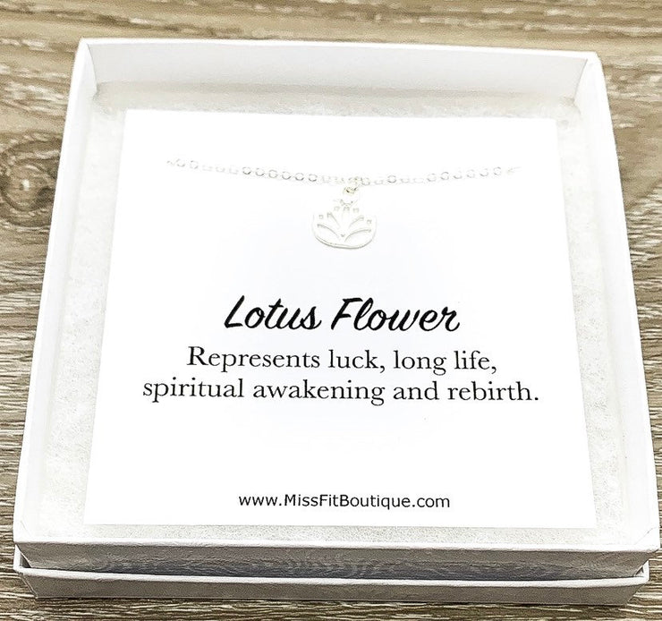 Silver Lotus Flower Necklace, Lucky Charm Quote Card, Dainty Flower Necklace, Lotus Pendant, Yoga Jewelry, Inspirational, Thinking of You