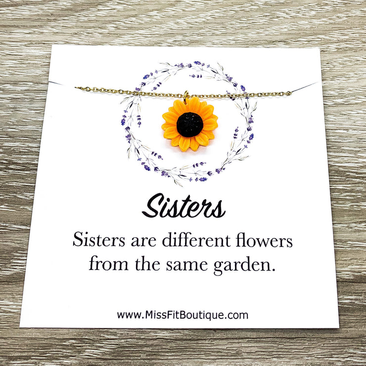 Sunflower Necklace, Sisters Are Different Flowers Quote, Orange Flower Charm Necklace,m, Minimal Floral Jewelry, Simple Reminder Gift