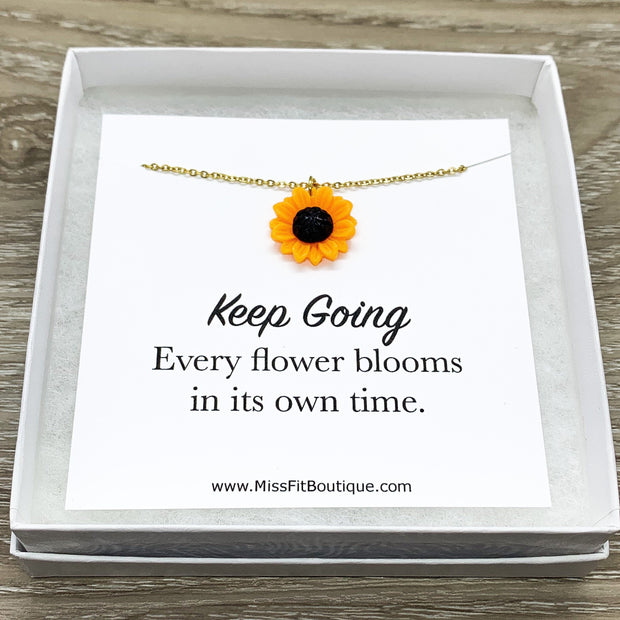 Sunflower Necklace, Keep Going Quote, Orange Flower Charm Necklace, Minimal Floral Jewelry, Simple Reminder Gift, Inspirational Card