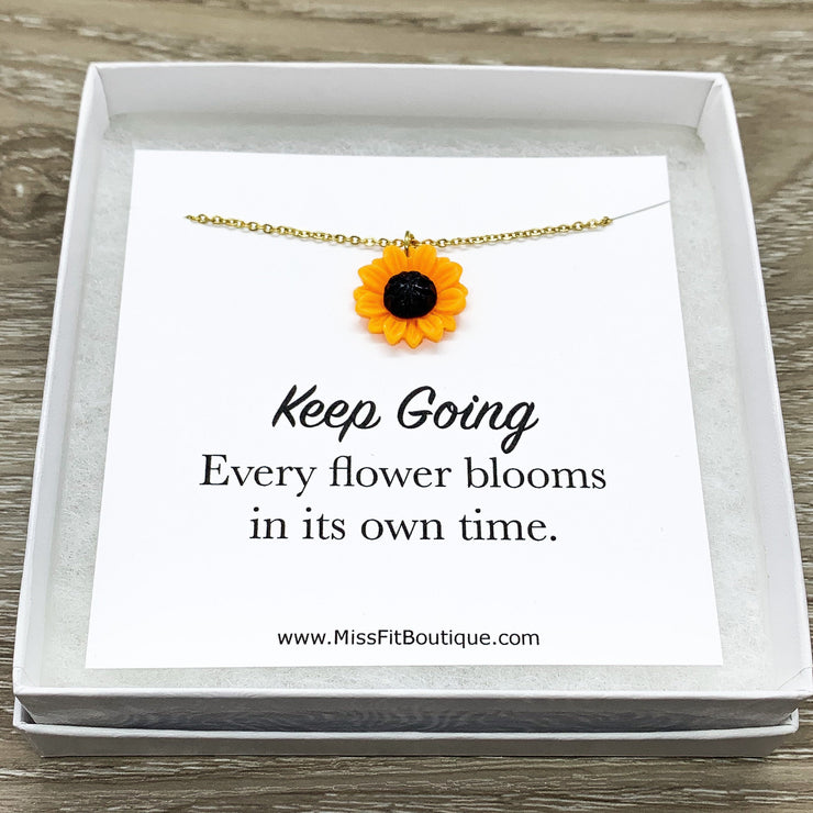 Sunflower Necklace, Keep Going Quote, Orange Flower Charm Necklace, Minimal Floral Jewelry, Simple Reminder Gift, Inspirational Card