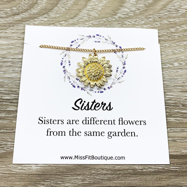 Sunflower Necklace, Gold Flower Jewelry, Sisters Necklace, Floral Jewelry, Nature Gifts, Gift from Big Sister, Meaningful Gift, Little Sis
