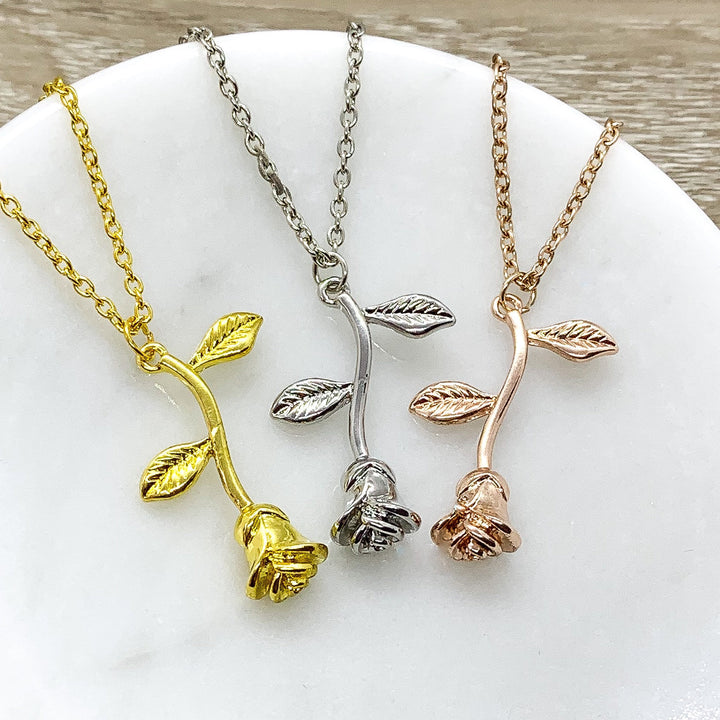 Dainty Rose Necklace, Rose Gold Flower Jewelry, Silver Floral Jewelry, Nature Gifts, Gift from Friend, Meaningful Gift, Flower Girl Necklace