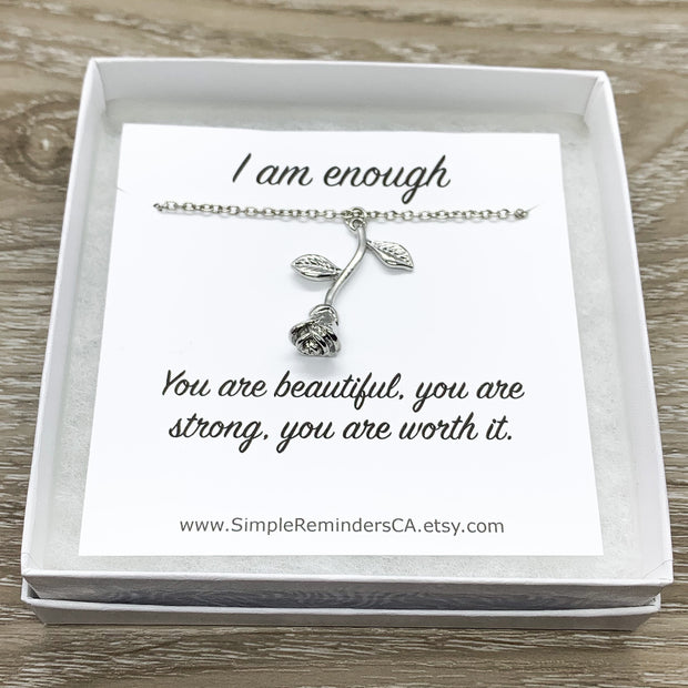 I Am Enough Card, Dainty Rose Necklace, Rose Gold Flower Jewelry, Floral Jewelry, Nature Gifts, Gift from Friend, Meaningful Gift