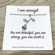 I Am Enough Card, Dainty Rose Necklace, Rose Gold Flower Jewelry, Floral Jewelry, Nature Gifts, Gift from Friend, Meaningful Gift