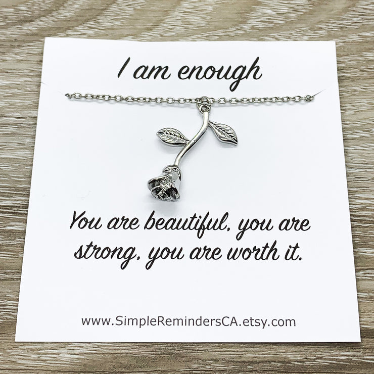 I Am Enough Card, Dainty Rose Necklace, Rose Gold Flower Jewelry, Floral Jewelry, Nature Gifts, Gift from Friend, Meaningful Gift